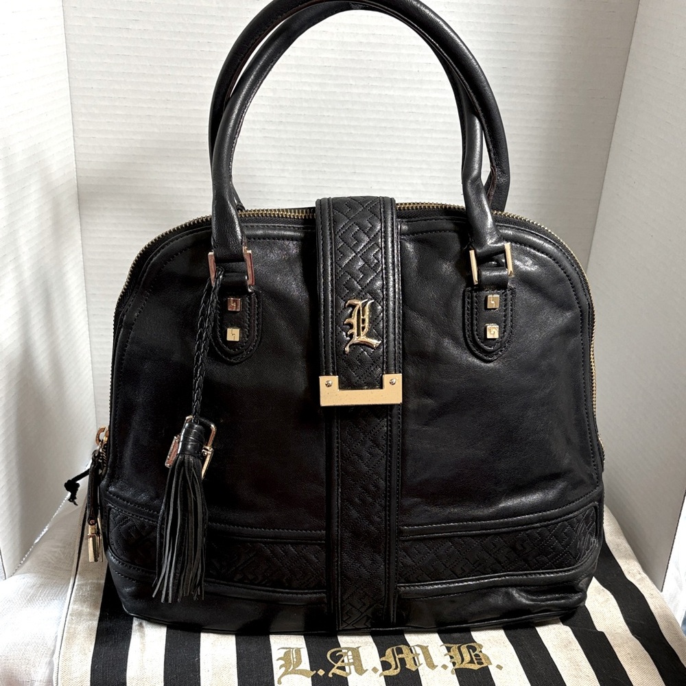 L.A.M.B. Gwen Stefani Lucca Luxury Black Satchel with Gold Accent Handbag